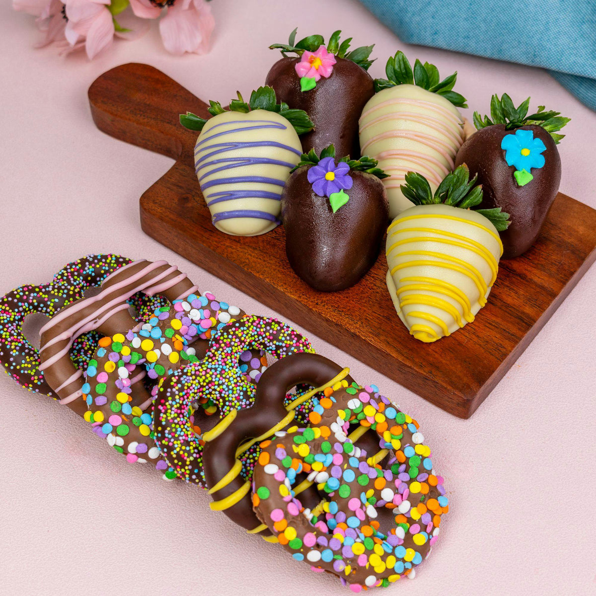 Spring Hand-Dipped Belgian Chocolate Strawberries & Pretzel Twists